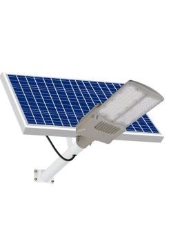 Lampa solara stradala Flippy, pentru curte sau strada, cu doua grile, finisaj mat, rezistent la apa, montare prin fixare, senzor lumina, baterie de litiu, IP65, lumina rece, putere 500W, autonomie 10 ore, 55 x 23 x 9 cm, gri
