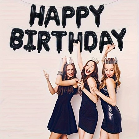 Set 25 de Baloane din Folie Metalizata si Latex, Flippy, Figurine 2 Stele, 4 Baloane Confetti, 13 Litere, 6 Latex, Model Happy Birthday, Tema Aniversare, 40 cm, Ambalaj Individual, Pai Inclus, Umflare cu Aer sau Heliu, Negru