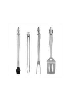 Set 4 ustensile pentru gratar Flippy, din otel inoxidabil, cu agatatoare, rezistente la temperaturi ridicate, argintiu