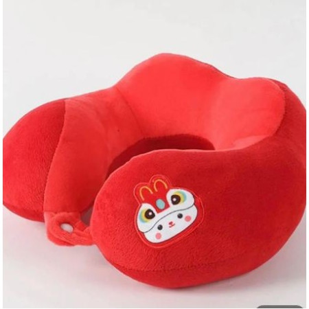 Pernă TravelBunny, Suport Ergonomic pentru Gât și Cap, Umplutură din Bumbac, Model Brodat Iepure, 28x28x10 cm, Roșu