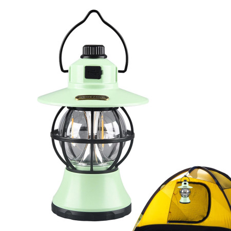 Lampă Camping Retro Portabilă, Felinar Vintage LED, 1200mAh, Reîncărcabilă USB, 3 Moduri de Iluminare, Intensitate Reglabilă, 5W, ABS, Mint, 20 cm