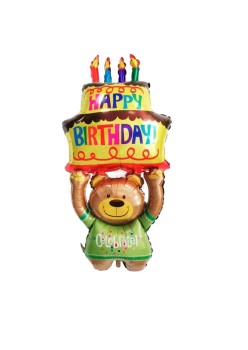 Balon din Folie Metalizata, Flippy, Figurine Animalute, Model Ursulet cu Tort Aniversar, 124x65 cm, Ambalaj Individual, Pai Inclus, Umflare cu Aer sau Heliu, Multicolor