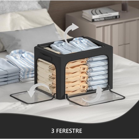 Cutie de Depozitare, Flippy, cu 3 Ferestre cu Fermoar Bidirectional, Cadru din Otel, Impermeabil, 38L, 42 x 30 x 30 cm, Negru