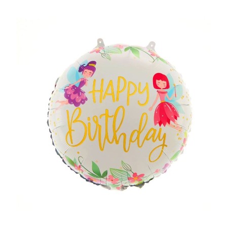 Balon din Folie Metalizata, Flippy, Figurina Cerc, Model Happy Birthday cu Zane, Tematica Aniversare, 45 cm, Ambalaj Individual, Pai Inclus, Umflare cu Aer sau Heliu, Multicolor