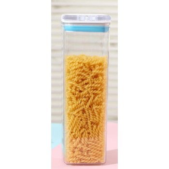 Cutie de Depozitare Alimente, Flippy, tip Container, 1.9L, 10x10x30.5 cm, Recipiente pentru Cereale in Bucatarie,  Transparente cu Capac Alb-Albastru