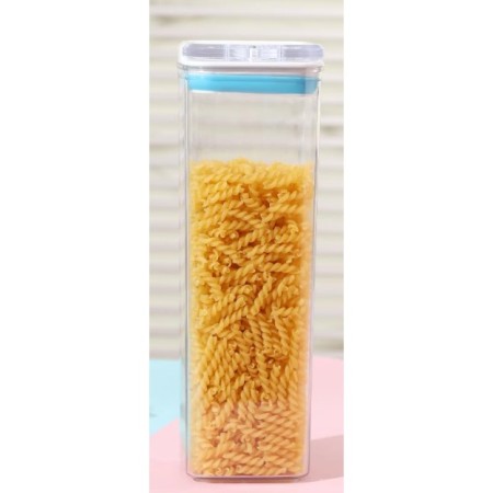 Cutie de Depozitare Alimente, Flippy, tip Container, 1.9L, 10x10x30.5 cm, Recipiente pentru Cereale in Bucatarie,  Transparente cu Capac Alb-Albastru