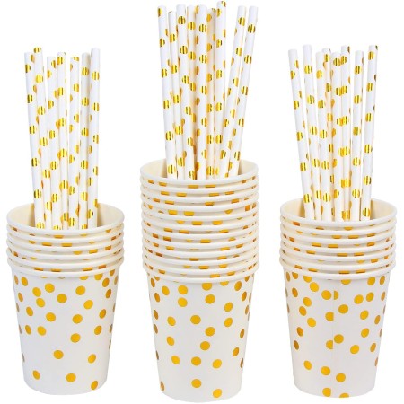 Set 10 Pahare, Flippy, Imprimeu cu Buline, din Carton, 250 ml, 7.5 x 8.5 x 5.2 cm, Auriu