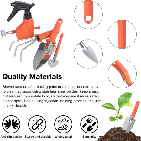 Set 10 Unelte de Grădină din Oțel Inoxidabil, Mânere Portocalii, Cutie Inclusă, 37x28x7 cm – Pentru Plantare, Sol, Îngrijire Plante, Negru