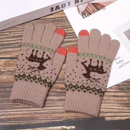 Manusi de Dama, Flippy, Model Ren, Functie Touchscreen (ecran tactil), Material Acril Tricotat, Manseta Elastica, Interior Catifelat, Marime Universala, Kaki