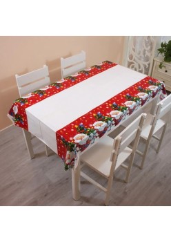 Fata de masa dreptunghiulara Flippy, PVC, 2.5 mm grosime, imprimeu Mos Craciun cu iepuras, potrivit pentru Craciun, utilizare multipla, 180 x 108 cm, alb