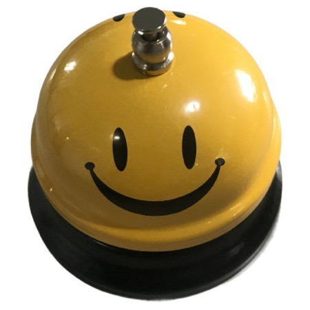 Clopotel Metalic Multifunctional, Flippy, Galben cu Imprimeu Smiley Face, 7.5x7.5x6.5 cm, Receptie, Restaurant, Cafenele