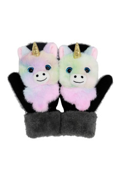 Manusi pentru Copii, Flippy, din Plus cu Umplutura de Bumbac, Protectie Termica, 24 x 20 x 3 cm, Model Unicorn 3D, Roz/Negru