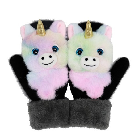 Manusi pentru Copii, Flippy, din Plus cu Umplutura de Bumbac, Protectie Termica, 24 x 20 x 3 cm, Model Unicorn 3D, Roz/Negru