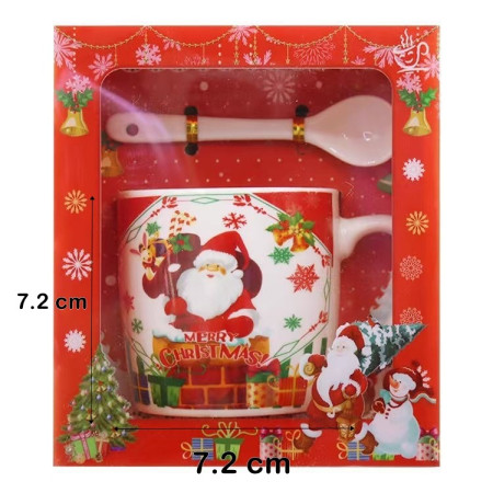 Set cana ceramica cu lingurita Flippy, 200 ml, tematica Mos Craciun cu sac de cadouri, multicolor