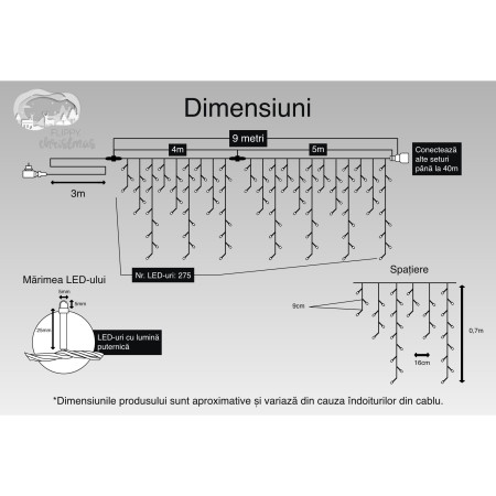 Instalatie Craciun, 9 m, 275 Led-uri ,Franjuri, Alb cald, Flash, Transformator, Interconectabila, Prelungitor 3 m inclus, Fir Negru, Flippy