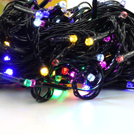 Instalatie de Craciun beculet in 6 colturi, 8 jocuri de lumini, liniara, 24 m, din care 1 m cablu priza 220V, 300 LED, controler, fir negru, multicolor