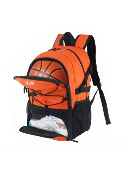 Rucsac de Baschet Multifunctional, Flippy, pentru Calatorie, Sport, Scoala, cu Compartiment pentru Pantofi si Minge, 32 Litri, 45x32x22 cm, Portocaliu-Negru