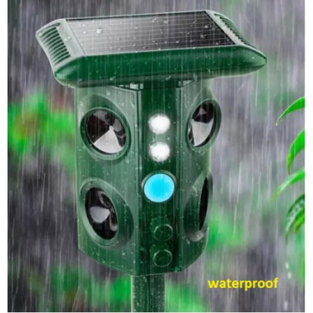 Aparat Solar LED cu Ultrasunete și Vibrații, Repelent Animale Mari și Mici, Senzor PIR, Lumini Roșii, Frecvență 13.5-45.5 KHz, IP54, USB & Solar, 15.5x15.4x26.2 cm, Verde