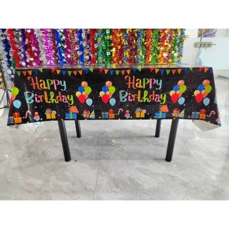 Fata de Masa, Flippy, din Folie, Imprimeu Happy Birthday cu Baloane, 137 x 274 cm, Negru