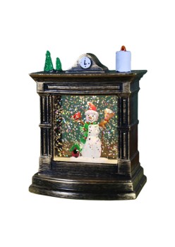 Decoratiune de Craciun tip Semineu / Ceas, Flippy, Glob de Cristal cu Fulgi de Zapada, Model Om de Zapada, Iluminare LED, 11.5 x 8.5 x 6.5 cm, Carcasa Vintage Bronze, Transparent