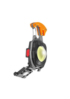 Breloc Multifunctional, Flippy, Model W5147, Kit Supravietuire, Lanterna, Bricheta, Fluier, din ABS/Aluminiu, Alimentare USB, Negru/Portocaliu