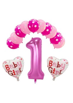 Set 13 baloane, pentru Prima Aniversare, 10 baloane latex, 2 baloane inima folie, cifra 1, Roz