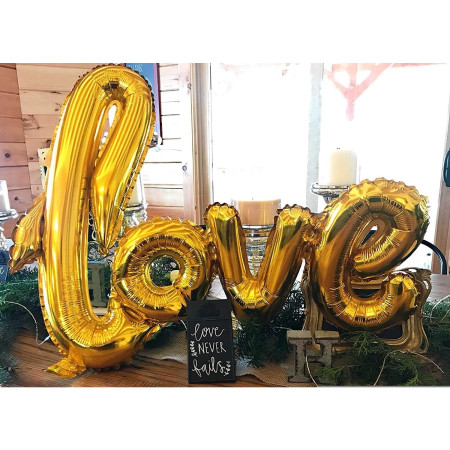 Balon din Folie Metalizata, Flippy, Model Love scris de mana, 102x65 cm, Tematica Ziua Îndrăgostiților, Ambalaj Individual, Pai Inclus, Umflare cu Aer sau Heliu, Auriu