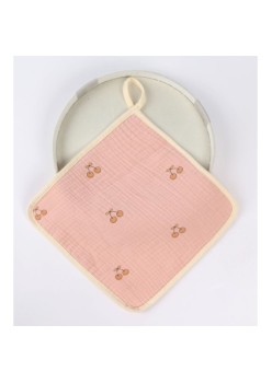 Prosop Absorbant din Bumbac pentru Bebelusi, Flippy, 25x25 cm, Model Cirese, cu Agatatoare, Roz