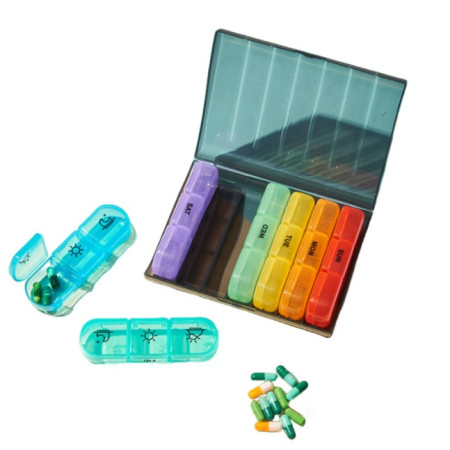 Cutie Depozitare Medicamente, Flippy, 7 Zile, 21 Compartimente, Cutie Suport, Recipiente Detasabile, Portabila, Recipiente Colorate, Cutie Neagra, 15.6x12 cm