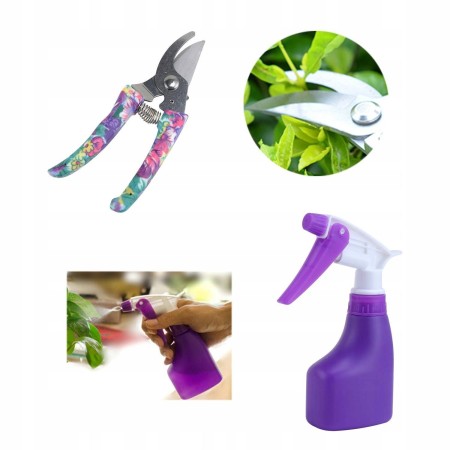 Set 5 Accesorii Grădinărit cu Geantă Textilă, Oțel Inoxidabil, Foarfecă + Lopeți + Pulverizator, 38 x 29 cm, Mov