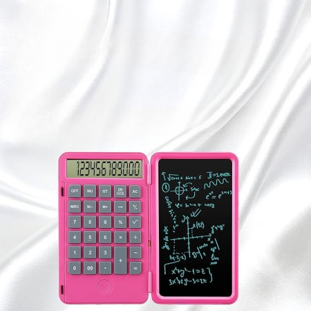 Calculator de Mana Reincarcabil cu Tabla de Scris, Flippy, Calculator Portabil, Ecran LCD, Afisaj cu 12 Cifre, Ecran de 15 cm, Culoare Roz
