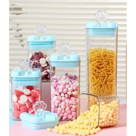 Cutii depozitare alimente cu capac albastru, set 5 recipiente plastic 0.5L-1.9L, pentru cereale, paste si ingrediente uscate