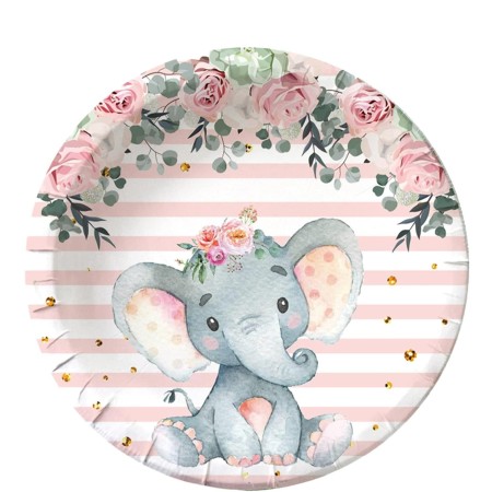 Set 10 Farfurii Unica Folosinta, Flippy, Imprimeu Elefant, din Carton, 22 cm, Roz