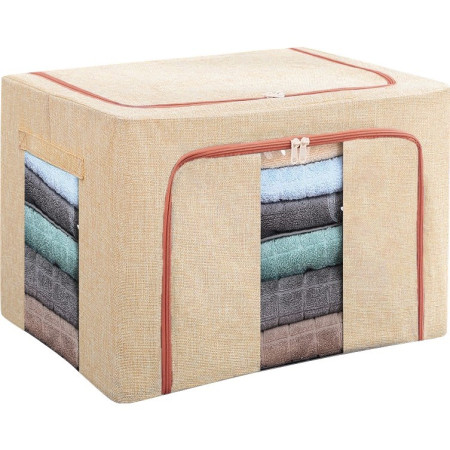 Cutie de Depozitare Pliabilă, 66L, Bumbac & In, 50x40x33 cm, 2 Ferestre (Frontală & Laterală), 2 Uși cu Fermoar, Cadru Metalic, Bază Stabilă, Bej