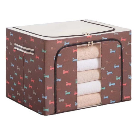 Cutie de Depozitare Pliabilă, 100L, Material Textil, Cadru Metalic, Fermoar Bidirecțional, Fereastră Transparentă, Imprimeu Cățeluși, 60x42x40 cm, Maro