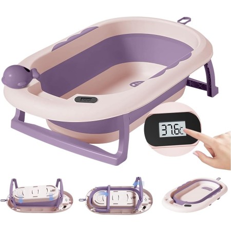 Cada Baie Pliabila pentru Copii 0-6 Ani – Cu Termometru, Perna Suport, Model Balena, Mov, 81.5 x 49 x 21.5 cm
