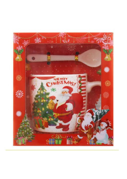 Set cana ceramica cu lingurita Flippy, 200 ml, tematica Mos Craciun cu brad, alb
