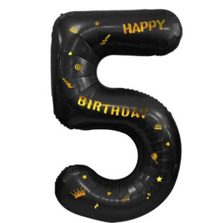 Balon din Folie Metalizata Flippy, Figurina Cifra, Scris Happy Birthday, Tema Aniversare 100 cm, Ambalaj Individual, Pai inclus, Umflare cu Aer sau Heliu, Negru, Cifra 5