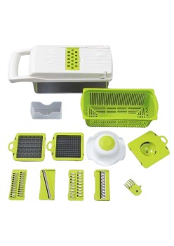 Feliator Multifunctional, Flippy, Razatoare, 8 in 1, pentru Fructe si Legume, 10 Piese, Lame de Inox, Recipient Stocare, Separator Oua, Protectie Mana, ABS, 67.5x38.5x49.5 cm, Verde/Alb