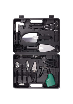 Set 10 Unelte de Grădină, Cutie Inclusă, Oțel Inoxidabil, Mânere Negre, pentru Plantare, Îngrijire Plante, 37x28x7 cm, Negru