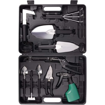 Set 10 Unelte de Grădină, Cutie Inclusă, Oțel Inoxidabil, Mânere Negre, pentru Plantare, Îngrijire Plante, 37x28x7 cm, Negru