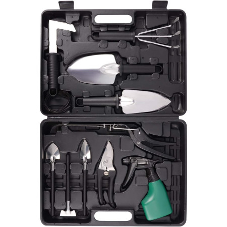 Set 10 Unelte de Grădină, Cutie Inclusă, Oțel Inoxidabil, Mânere Negre, pentru Plantare, Îngrijire Plante, 37x28x7 cm, Negru