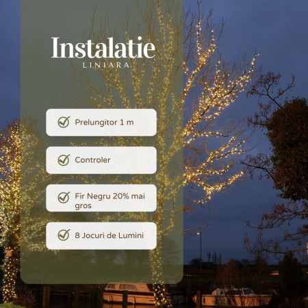 Instalatie de Craciun Liniara, 8 jocuri de lumini, 22 m, din care 1 m Prelungitor 220V, 300 LED, Controler, Fir Negru, Alb Cald