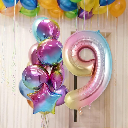 Balon din Folie Metalizata Gradient Flippy, Figurina Cifra, Tema Aniversare 100 cm, Ambalaj Individual, Pai inclus, Umflare cu Aer sau Heliu, Multicolor, Cifra 9