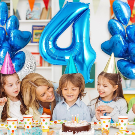 Balon din Folie Metalizata, Flippy, Figurina Cifra, Tema Aniversare 80 cm, Ambalaj Individual, Pai inclus, Umflare cu Aer sau Heliu, Albastru, Cifra 4