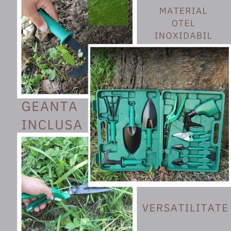 Set 10 Unelte de Grădină cu Geantă Depozitare, Oțel Inoxidabil, Accesorii Complete, 37 x 28 cm, Verde