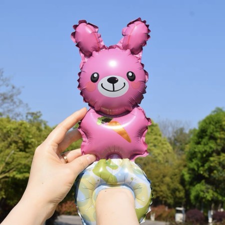 Balon din Folie Metalizata, Flippy, Figurine Animalute, Tip Bratara, Model Iepuras, Ambalaj Individual, Pai Inclus, Umflare cu Aer sau Heliu, Roz