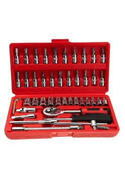 Chei tubulare Set 46 de Piese, Flippy, Trusa Scule de Reparatii Auto, Prelungitoare Rigid si Flexibil, Articulatie Cardanica, Antrenor de Forta Glisant, Adaptoare, Maner pentru Surubelnita, 23 x 12 x 4 cm, 1.9 kg, Cutie Rosie