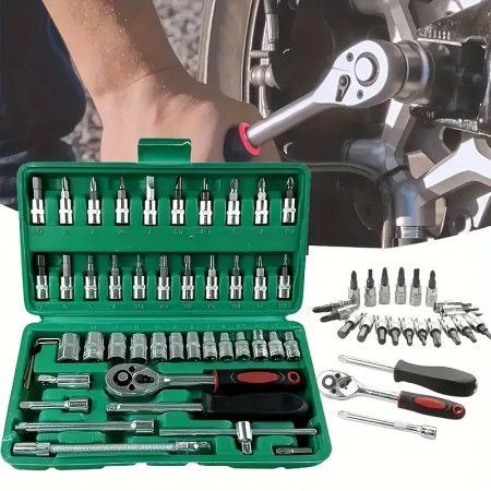 Chei tubulare Set 46 de Piese, Flippy, Trusa Scule de Reparatii Auto, Prelungitoare Rigid si Flexibil, Articulatie Cardanica, Antrenor de Forta Glisant, Adaptoare, Maner pentru Surubelnita, 23 x 12 x 4 cm, 1.9 kg, Cutie Verde