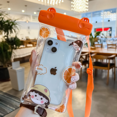 Husa subacvatica Fruity Waterproof Flippy, Snowproof, Universala, Impermeabila, cu Snur, pentru telefon sau documente, Orange Girl 2, Oranj
